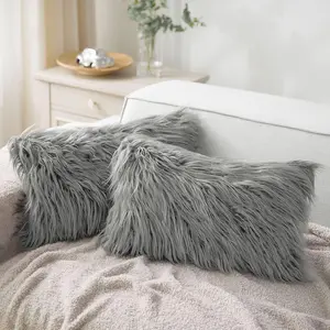 CASA QUEYA - COVER Set of 2 Faux Fur Pillow Cover (12 x 20 IN)  Long Hair, Softness and Style in Decoration for Sofa, Bed and Living Room