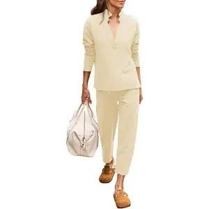 FMEYOA Womens 2 Piece Outfits Sweatsuit Long Sleeve V Neck Sweatshirt Wide Leg Cropped Pants Lounge Set Tracksuit