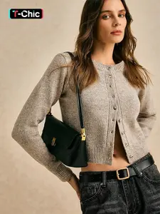 Women's Plain Minimalist Fitted Crop Sweater Cardigan, Casual Long Sleeve Solid Ribbed Knit Button Front Cardigan for Daily Wear, Ladies Knitwear Fabric for All Seasons, Tops, Womenswear