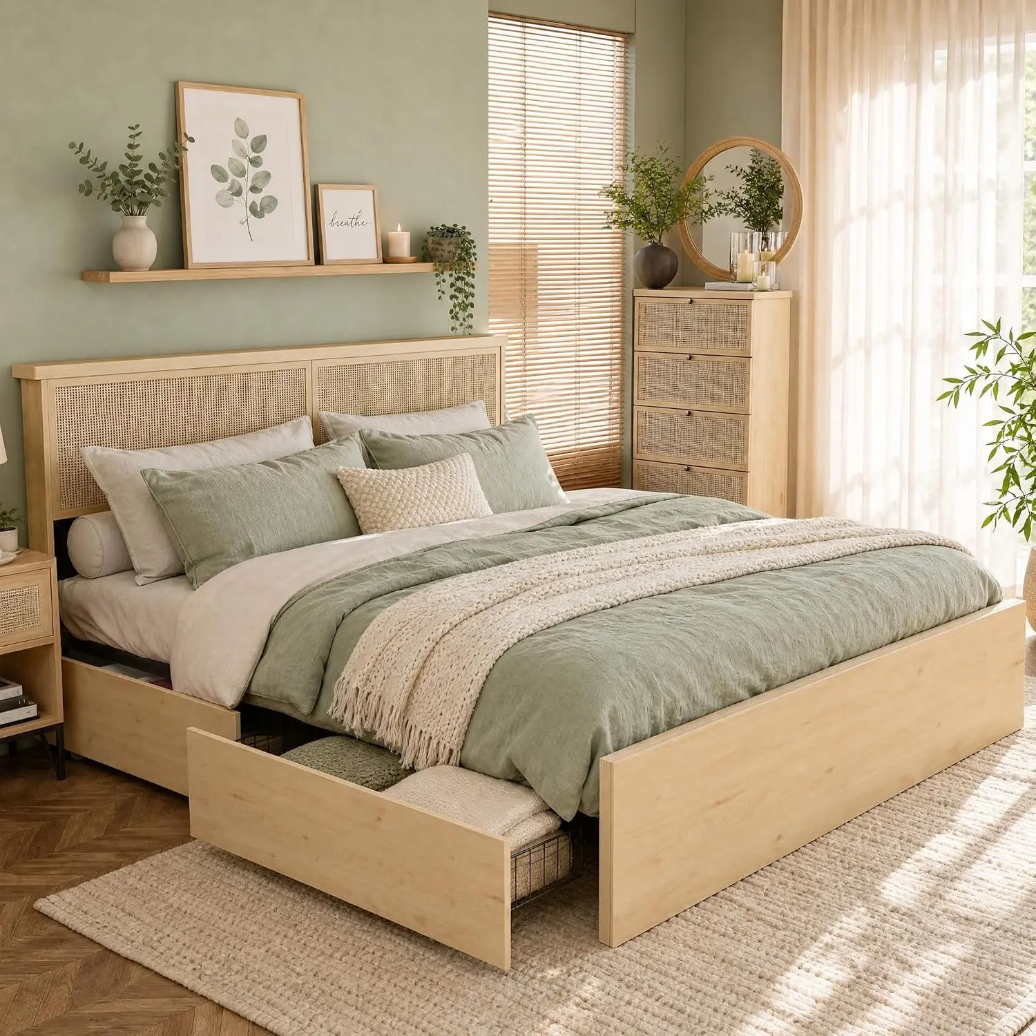 Bed Frame with Natural Rattan Headboard and Wooden 4 Storage Drawers, Metal Platform with Strong Wooden Slats Support, Boho Cane Bed Mattress Foundation, No Box Spring Needed
