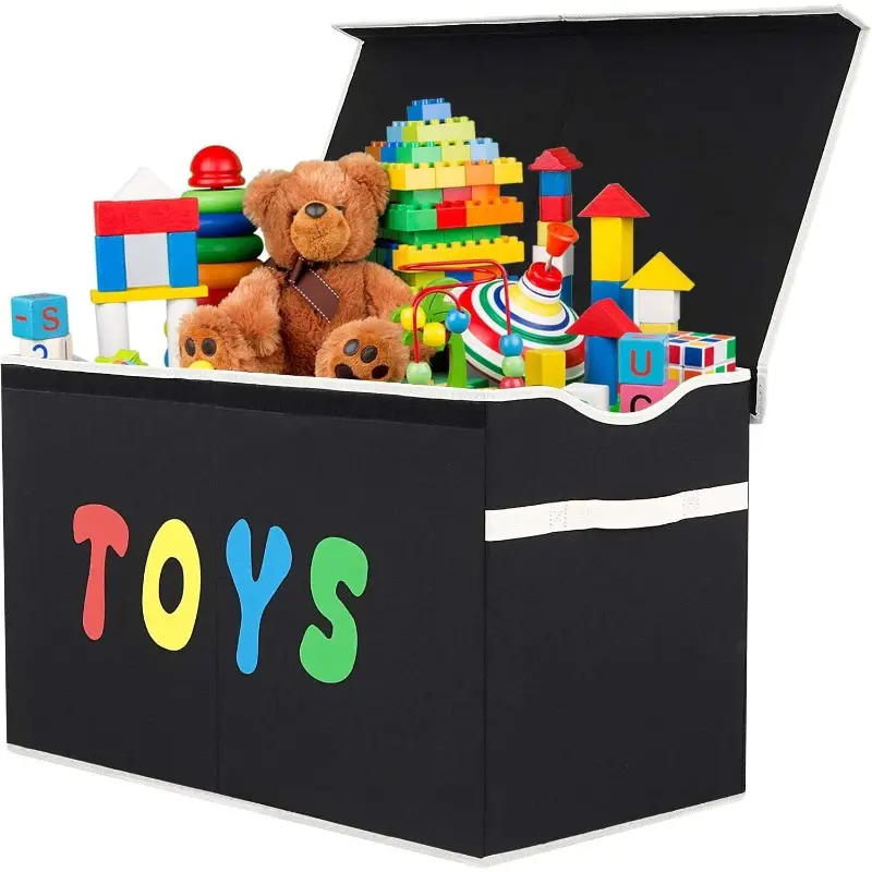 Toy Box Chest Collapsible Sturdy Storage Bins with Lids Extra Large Toy Storage Organizer Boxes Bins Baskets for Boys Girls Nursery Room Playroom Closet BLACK