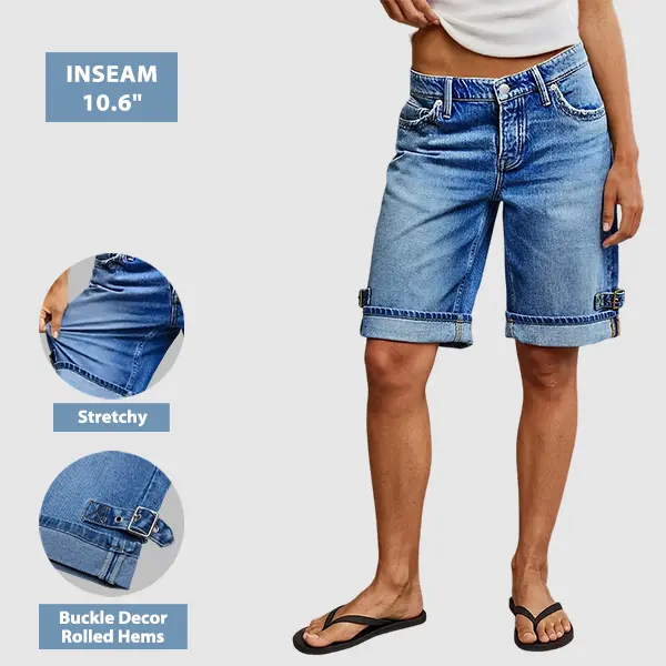 Flamingals Wash Buckle Decor Roll Hem Mid Waist Denim Bermuda Shorts Stretchy 10.6'' Inseam