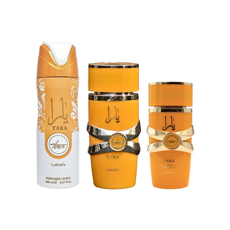 Lattafa Yara Tous EDP 3.4FL.OZ, Lattafa Yara Tous Concentrated Oil 0.67FL.0Z and Lattafa Yara Tous Body Spray 200ML / 6.8FL.OZ For Women Passionfruit Orange Blossom Heliotrope Floral Cashmeran Luxurious Fragrance