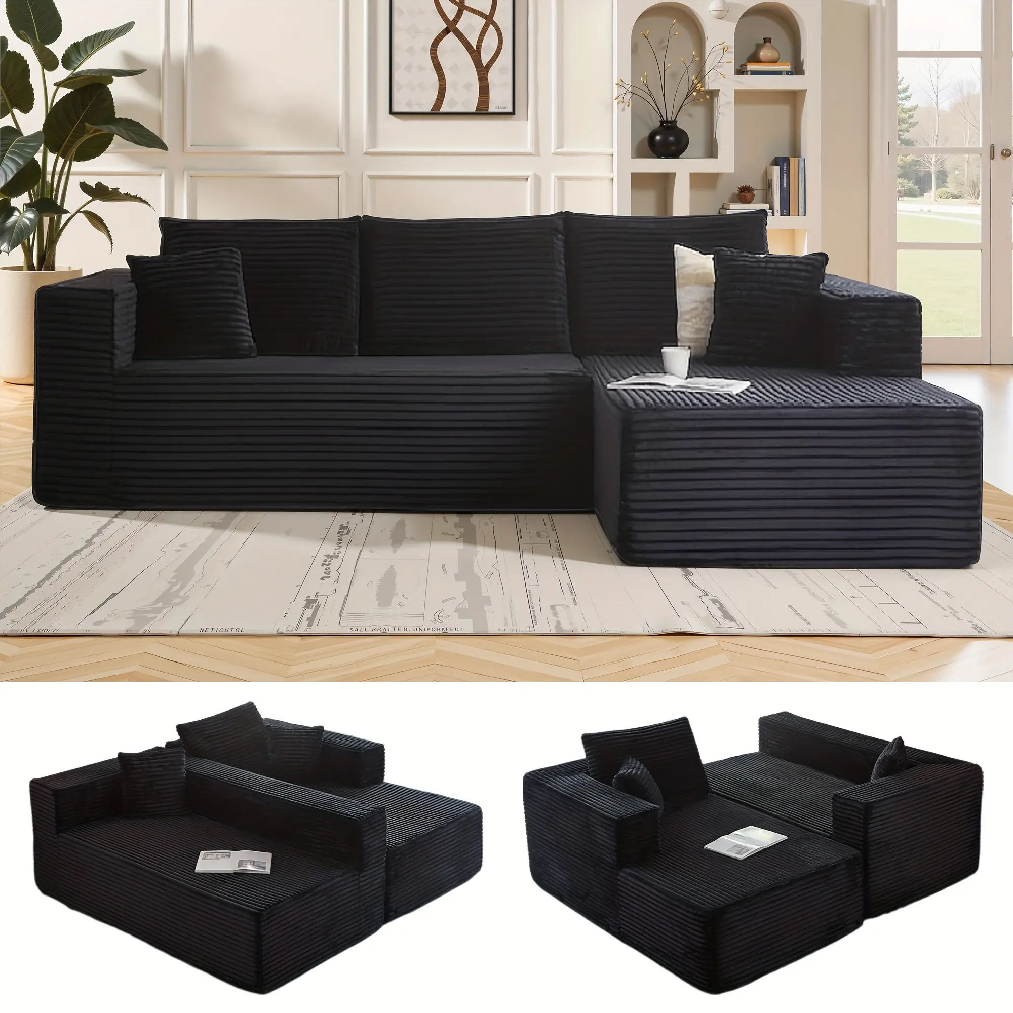 107" Cloud Couch Sectional for Living Room, Oversized modern Boneless Couches with Ottoman, Convertible L Shaped 3 Seater soft plush corduroy Modular Sofa, Morden Sectional Sofa