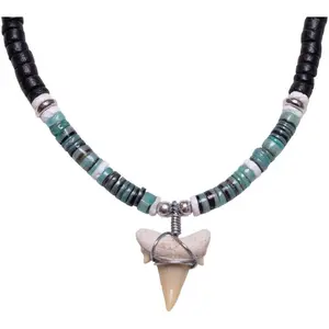 Fossil Shark Tooth on Coconut Shell Beads Necklace (18" 1S)