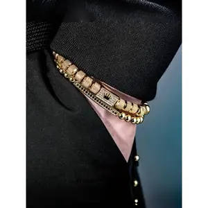 2pcs Men'S Charm Bracelet Set, 6MM Textured Beads with Square Crown Inlay, Synthetic Zirconia,Casual Style, Golden, Perfect for Christmas, Thanksgiving, Valentine'S Day Gifts