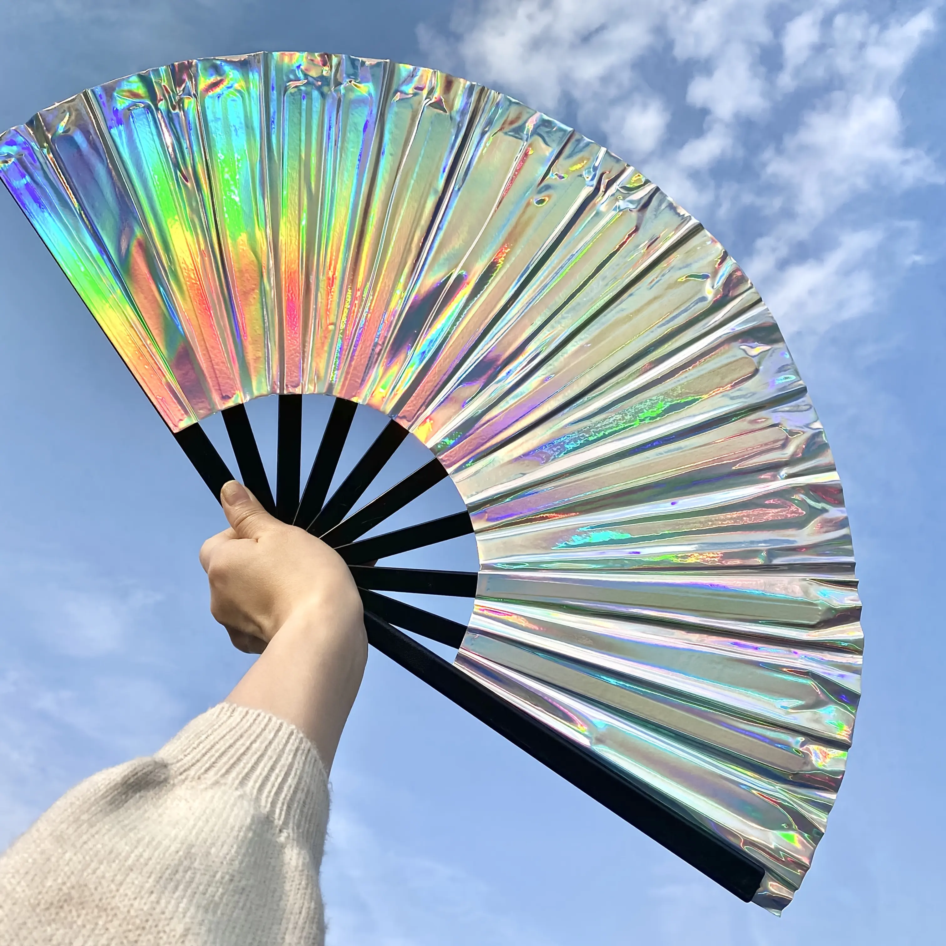 13-inch Large Holographic Laser Silver Decorative Folding Fan | EDM Festival Beat Hand Fan & Tai Chi Kung Fu Art Fan | Retro Hawaiian Theme Decor | Desktop Accessory, Carnival Costume, Club/Party/Dance Prop (Excluding The Stand Under The Fan)