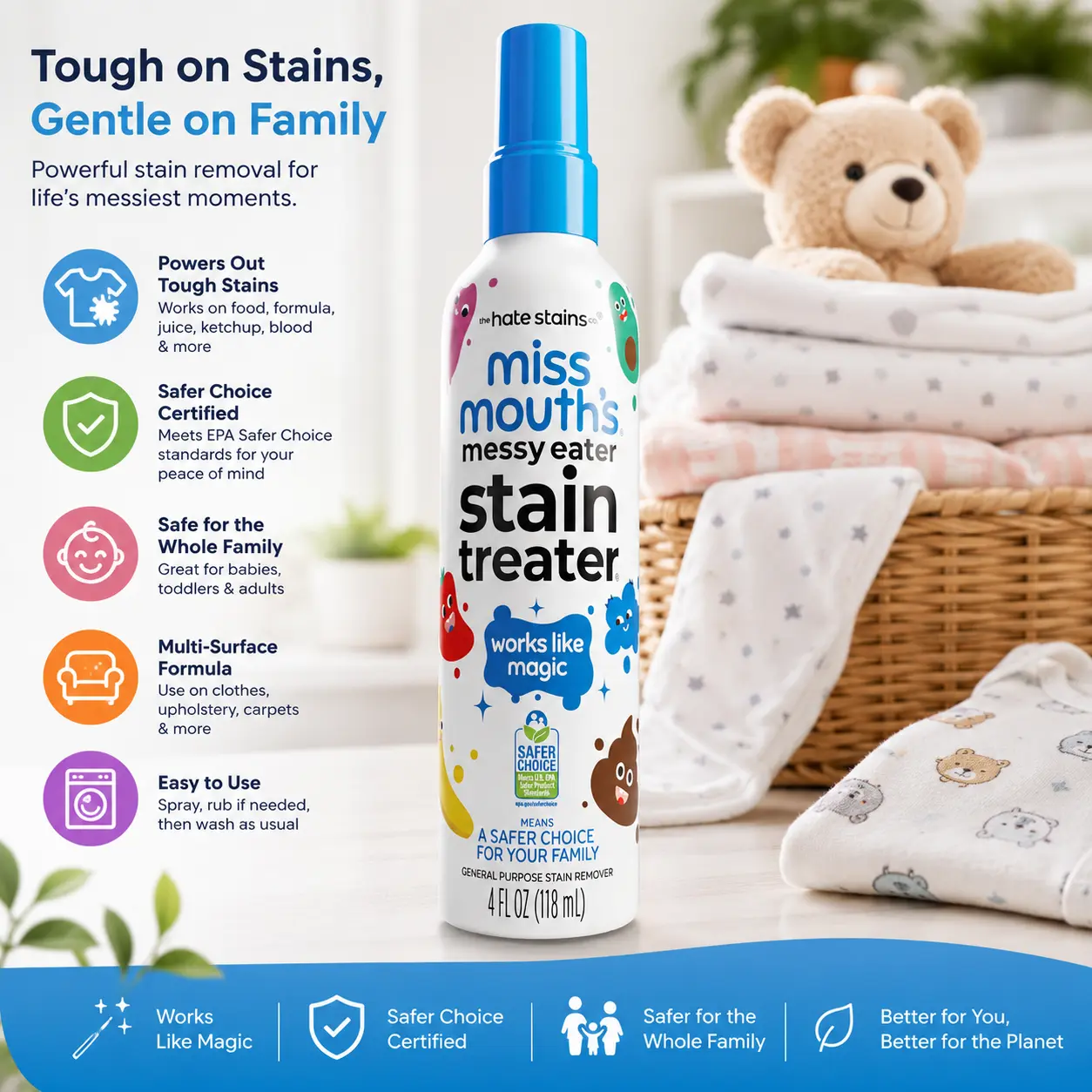 Miss Mouth's Messy Eater Stain Treater Spray - 4oz Baby Essential Laundry Stain Remover for Fabric, Underwear; Removes Food, Grease, Coffee (No Dry Cleaning Needed)