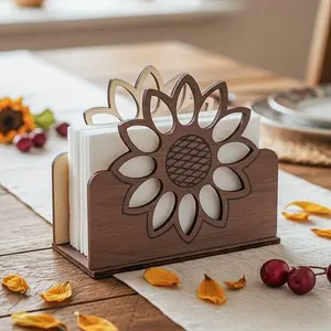 1pc FengRise Sunflower Napkin Holder & Organizer - Wood Table Dispenser with Wood Grain, Kitchen Countertop or Dining Table Decor, Napkin Storage for home (Compatible with Napkins, Papers, Menu Cards)