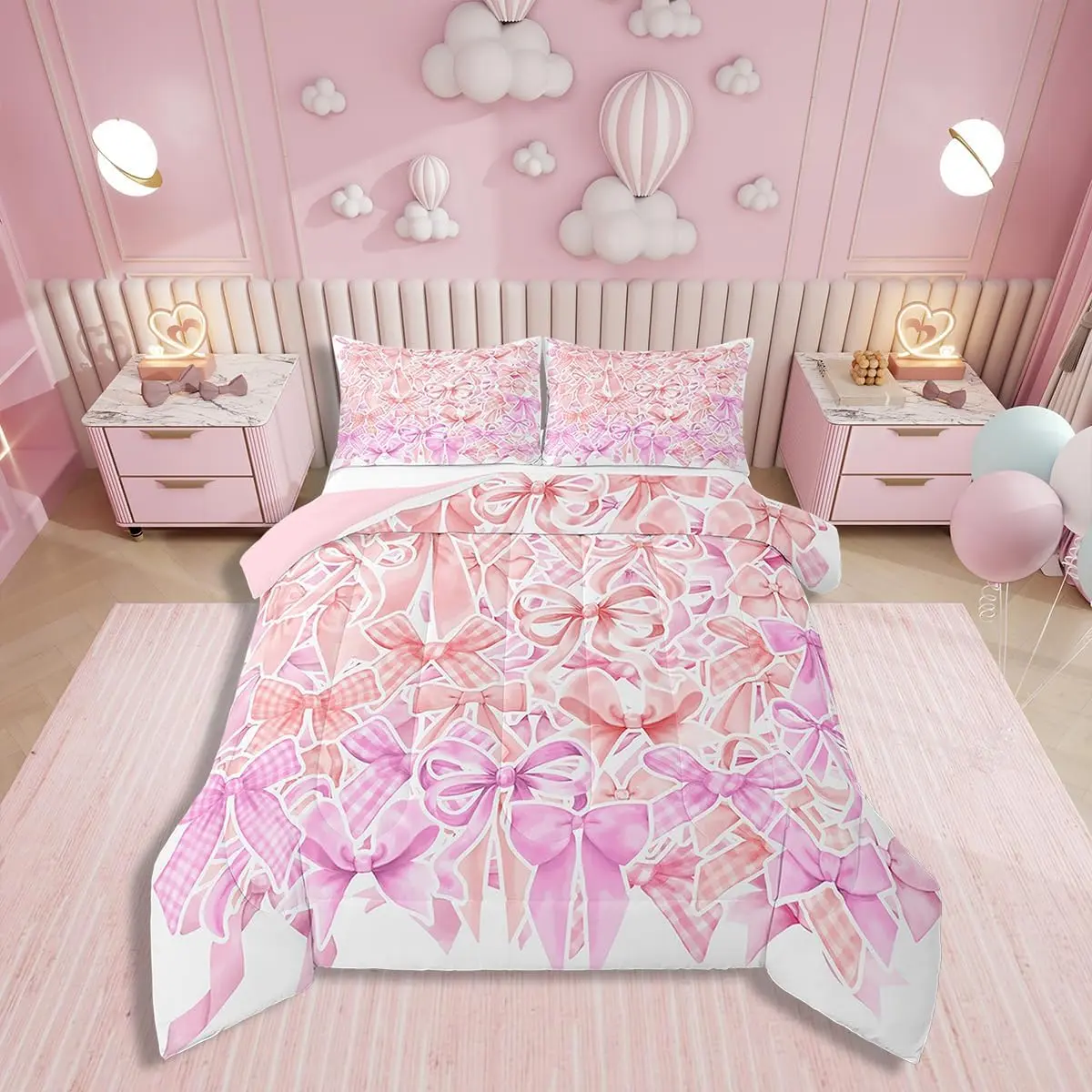 Feelyou Coquette Bows Plaid Polyester Bedding Set - Vintage Aesthetic Down Comforter, Blush Pink Watercolor Bows Princess Quilt, Lightweight Warm Blanket, Cozy Chic Gentle Soft Bedding, Camping Dorm Linens (Multi-Size), Cozy Chic Blanket