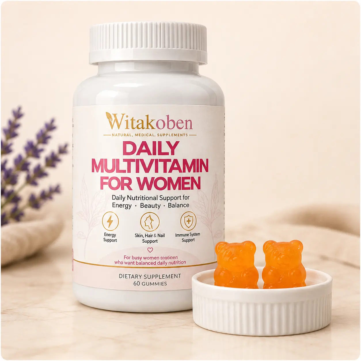 WITAKOBEN Women’s Daily Vitamin Gummies, 60 Gummies, 30 Servings, 12 Essential Vitamins & Minerals with Biotin, Iron & Zinc