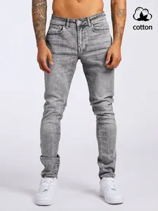 Men’s casual stretch skinny jeans; washed cotton denim for a distressed look; solid-color stretch denim jeans. Comfortable, form-fitting denim pants suitable for everyday wear and versatile fashion.