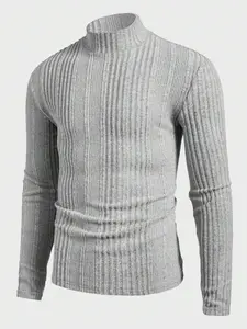 Men's High Neck Pullover Sweater, Solid Color Striped Long Sleeve T-Shirt, Casual Fitted Fit for Fall & Winter Seasons, Menswear