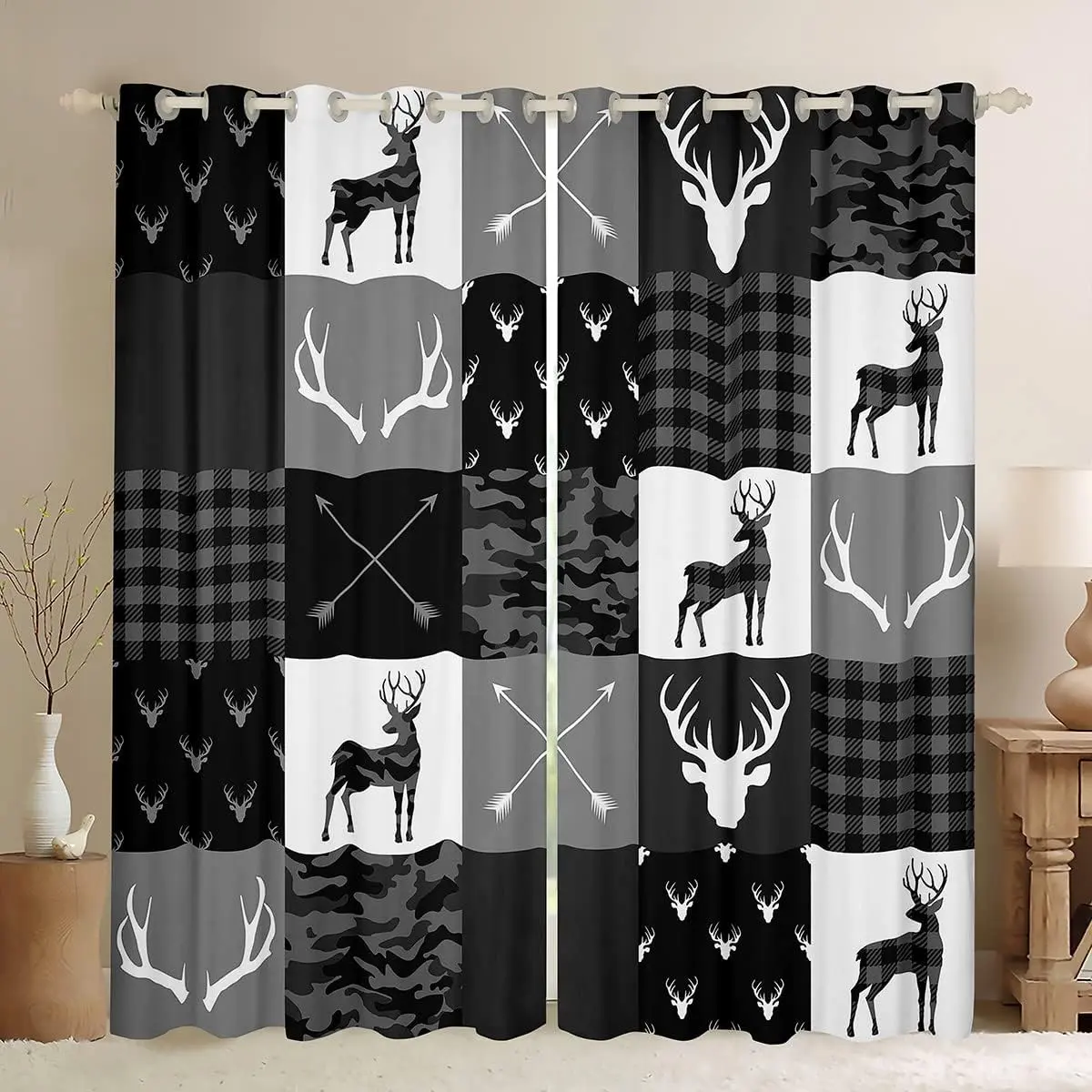 Deer Silhouette Blackout Curtains,Antlers Arrow Window Treatments Stripes Gird Camouflage Window Drapes for Kids Teens Room Decor Grommet Top 2 Panel Set Bedroom Curtains