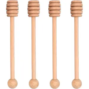 4PCS Honey Mixing Stirrer 6.3 Inches Wooden Honey Dipper Smooth Honey Comb Stick Honey Spoon for Collecting Dispensing Drizzling Jam Round Handle