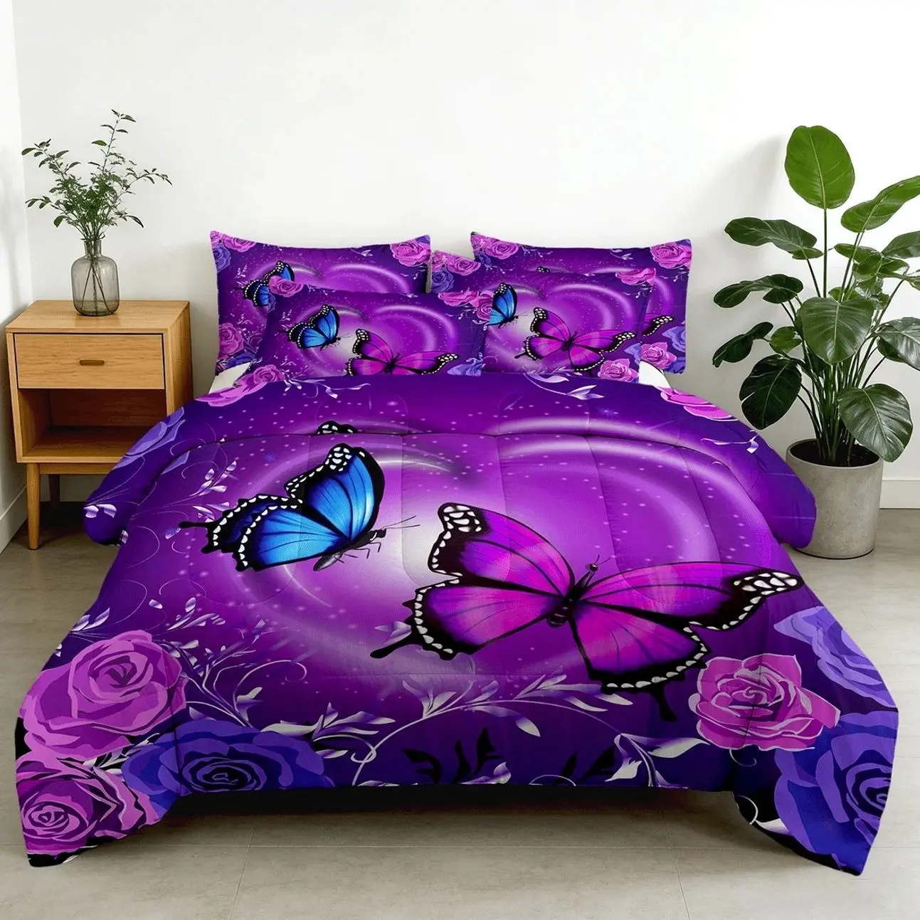 3PCS Purple Butterfly Rose Comforter Set, Floral Bedding with Pillowcases, Soft Breathable All Season Quilt, Bedroom Decor Gift