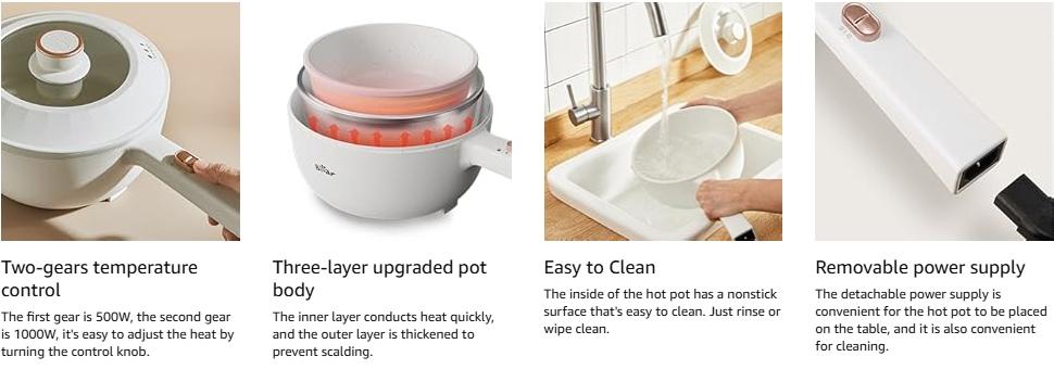 Bear Hot Pot Electric, 2L Multifunctional Portable Cooking Pot, 1000W Rapid Noodles Electric, Non-Stick Frying Pans for Steak, Egg, Ramen, Oatmeal With Dual Power Adjustment Bear Hot Pot Electric, 2L Multifunctional Portable Cooking Pot, 1000W Rapid Noodles Electric, Non-Stick Frying Pans for Steak, Egg, Ramen, Oatmeal With Dual Power Adjustment