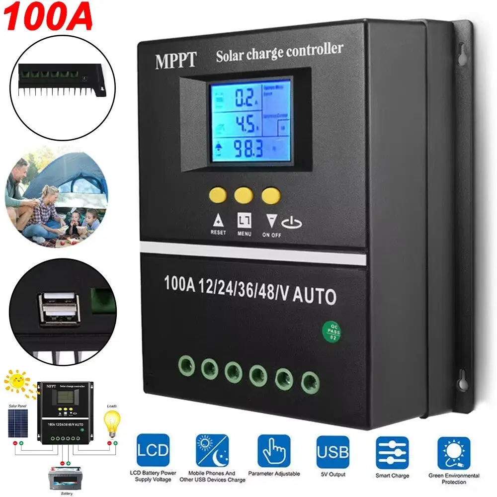 100A 12V/24V/36V/48V Auto MPPT Solar Charge Controller - 4000W Single Unit PV Regulator with LCD Screen, USB Port, Protection, Light Control, Photovoltaic Panel Compatibility for Home Electrical Systems