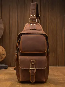 Handmade Crazy Horse Leather Men's Chest Bag, Trendy Brand, Genuine Cowhide Crossbody Bag, Vintage Casual Outdoor Bag