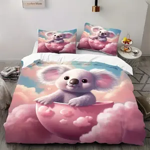 Cute Cloud Koala Print Bedding Set (1 Fitted Sheet + 2 Pillowcases), Soft Comfortable, Perfect for Kids Bedroom Decor, Bedsheet Sets
