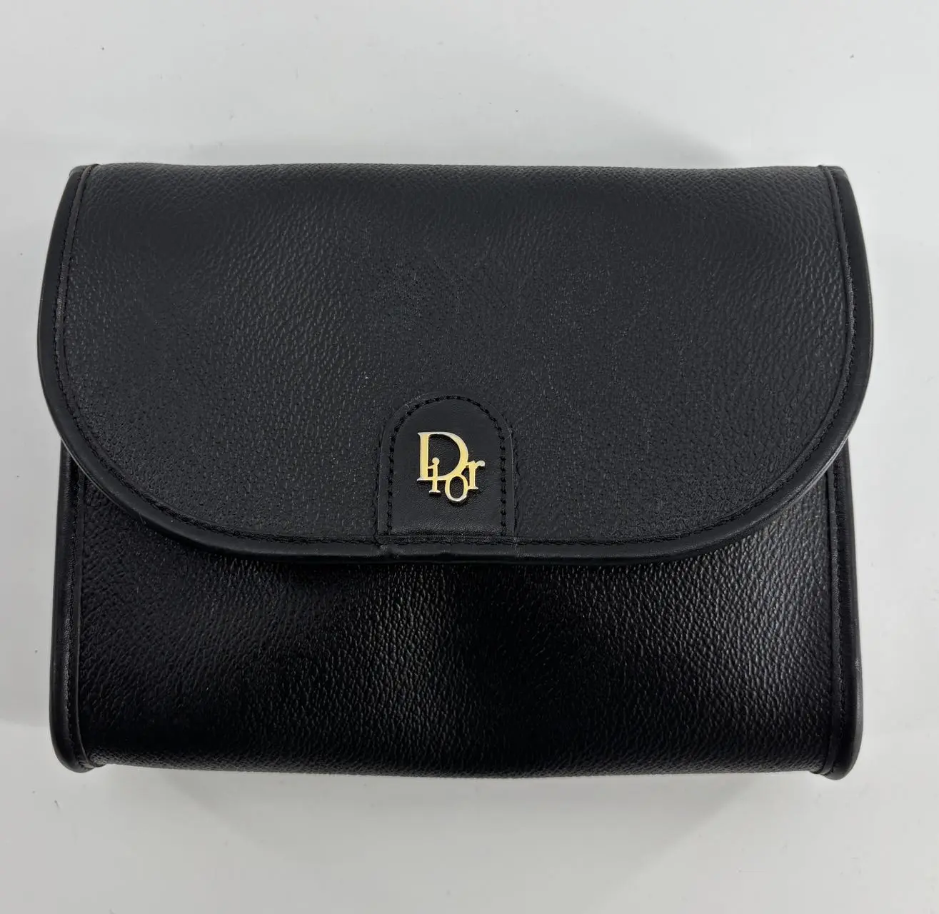 Pre-owned Dior Vintage Black Pebbled Leather Retro Gold Logo Flap Waist Bag Mini Clutch Pouch