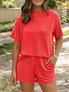 Women's Solid Twisted Ribbed Knit Textured Pocket Shorts Set, Casual Short Sleeve T-shirt & Elastic Waist Shorts, Ladies Summer Clothes for Daily Wear