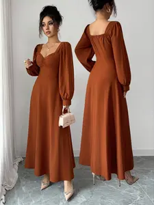 Elegant Women's Square Neck Puff Sleeve Dress, Spring & Fall Long Waist-Taking Skirt, Perfect for Daily Commuting