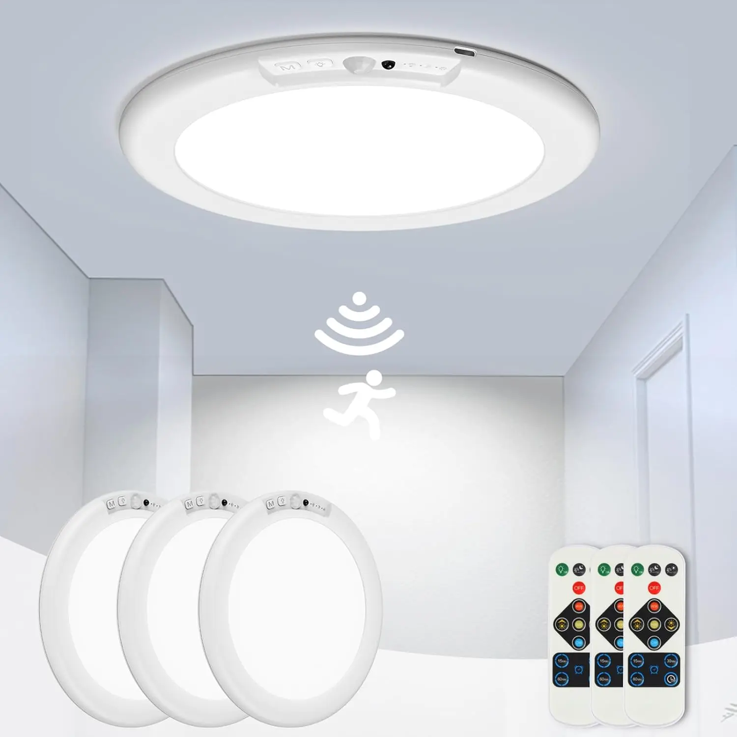 Rechargeable Motion Sensor Ceiling Light - Magnetic Wireless Remote-Controlled Battery-Powered Ceiling Spot for Closet, Stairs, Porch, Easy to Install for Home Improvement Indoor Lighting Needs