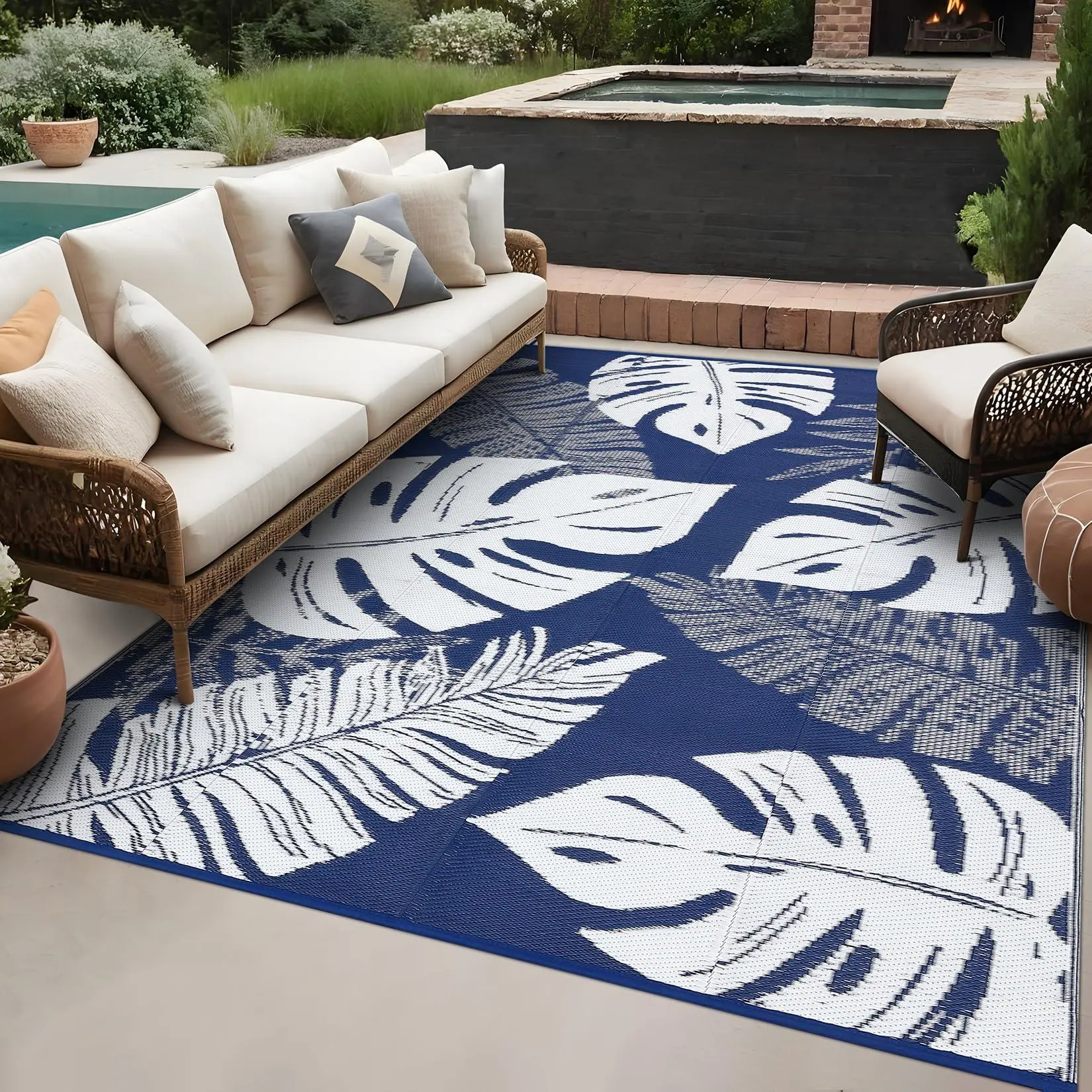 Outdoor Plastic Straw Rug  Waterproof Patio Rug Reversible Camping Mat, Foldable Portable RV Picnic Carpet with Bag & 4 Stakes, UV Resistant Outside Carpet for Deck Balcony, Blue