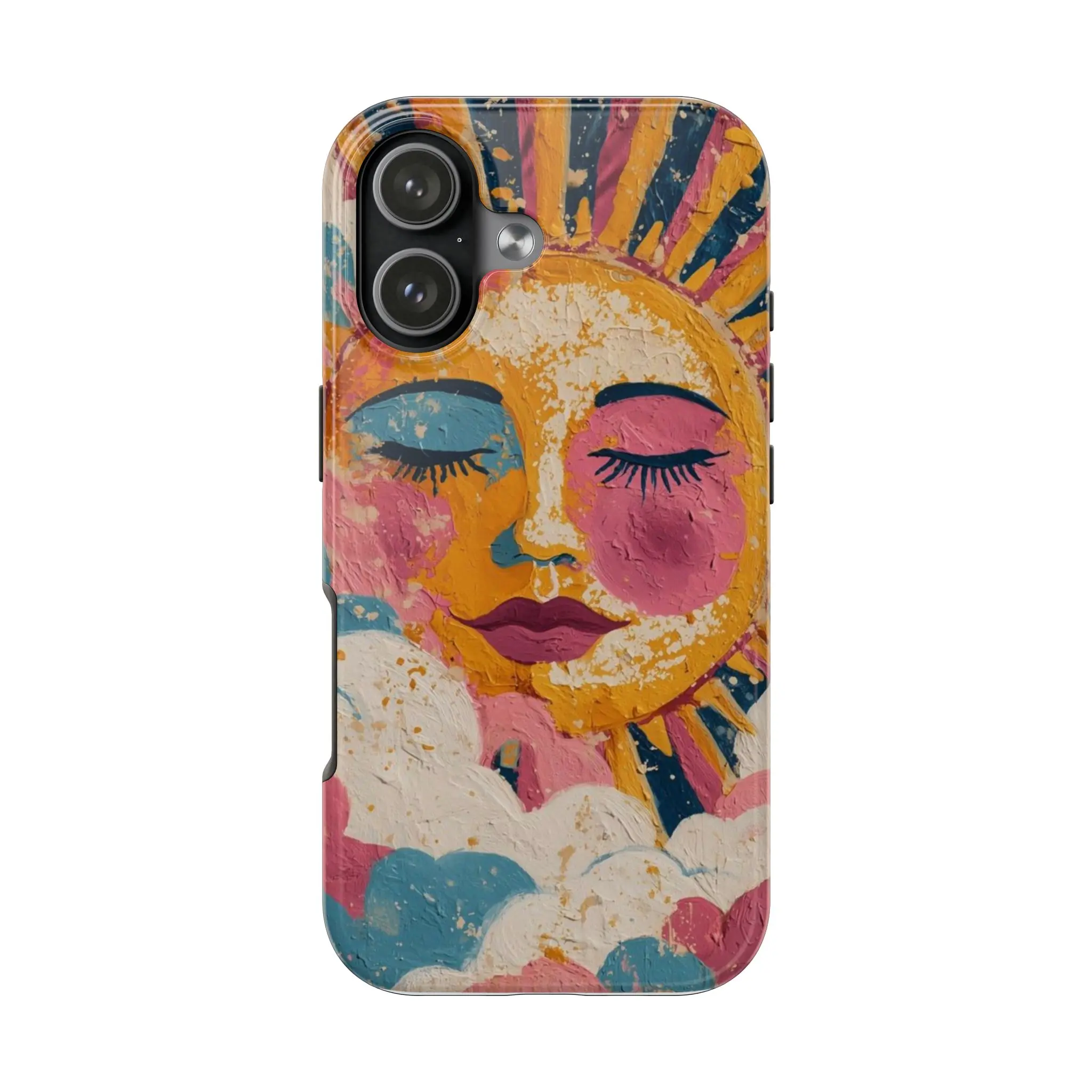 Boho Sun Face Phone Case – Artistic Celestial Design, Colorful Painted Sun & Cloud Protective Case for iPhone