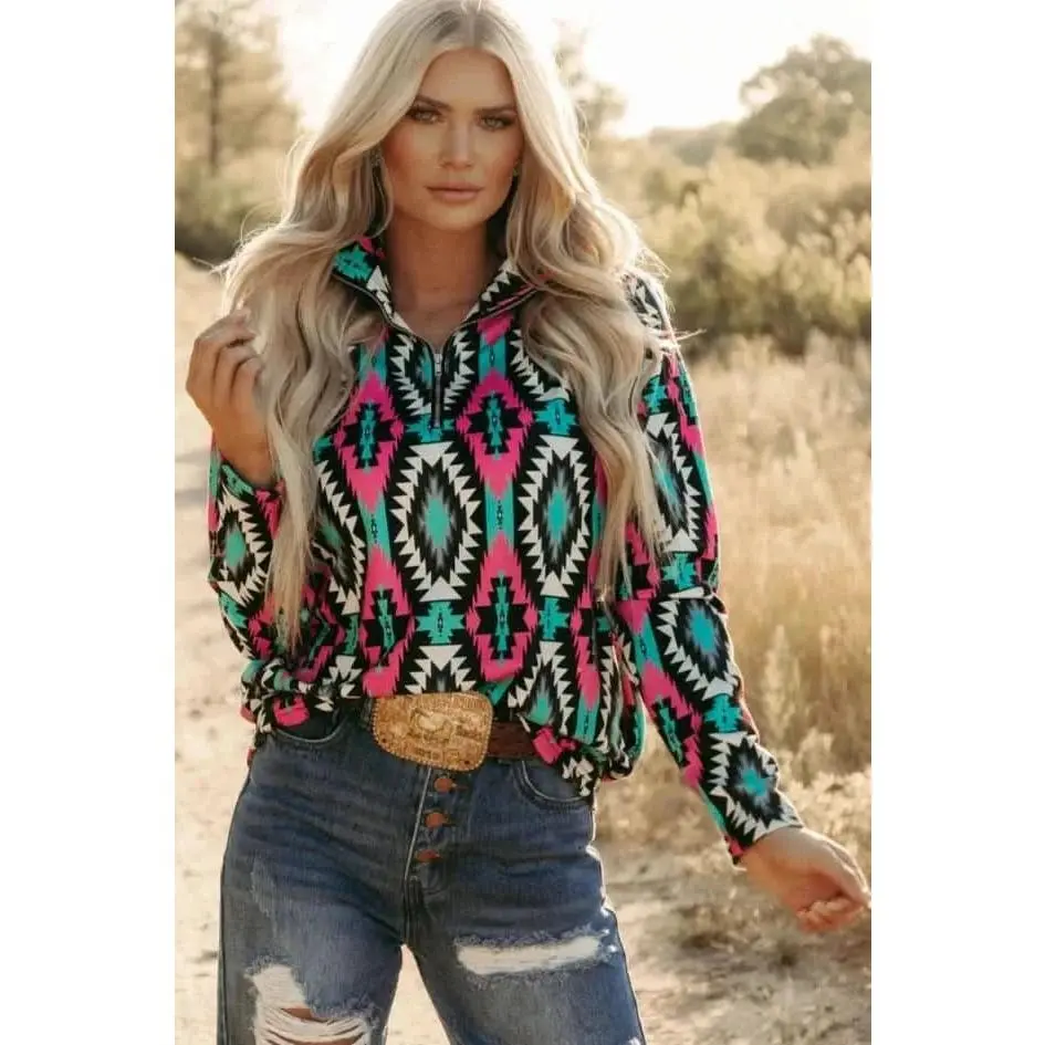 Sterling Kreek Women's Montezuma Quarter Zip Sweatshirts, Casual Aztec Print Hoodie with Pockets, Relaxed Fit Cotton Spandex Blend, Geometric, Tops