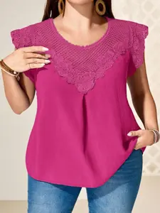Lace Trim Round Neck T-Shirt, Sleeve Lace Detail, Collar Lace Patchwork, Fashion Solid Color T-Shirt, Stylish and Trendy Top