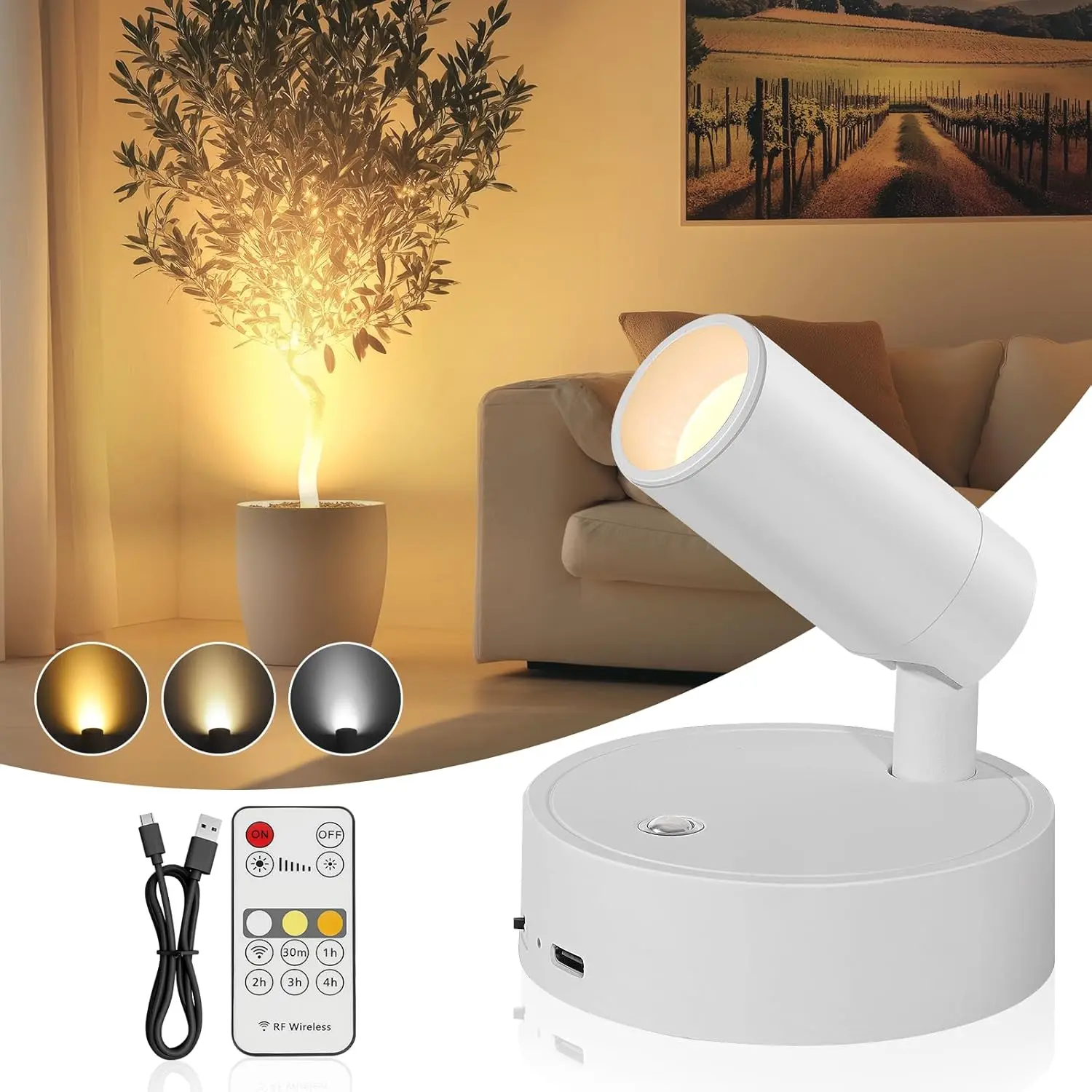 Indoor Wireless Battery-Operated Spotlight with Remote, Dimmable Adjustable Uplight/Down Light, 4000mAh Batteries, 6-7hr Runtime, 4-5 Year Lifespan for Wall Art, Plants, 4 - 5 Years