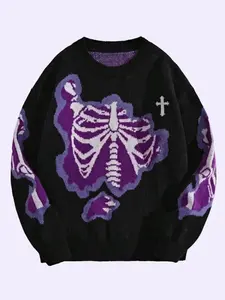 Unisex Skeleton Pattern Drop Shoulder Sweater, Casual, Womenswear and Menswear Comfort, Fall & Winter Comfortable Cute LongSleeves Tops, Goth,Knitwear, Halloween Sweater