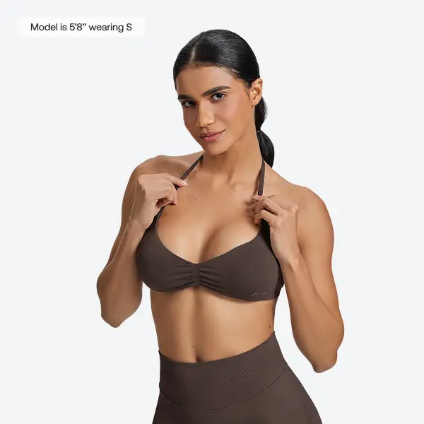 BetterMe SculptMe Women's Sporty Workout Bra - Chocolate Halterneck Backless Strappy Twill Knit Nylon Spandex, Stretch Breathable Gently Supported Soft Seamless Wireless, Cold Wash for Yoga Gym Wear, Womens Tops