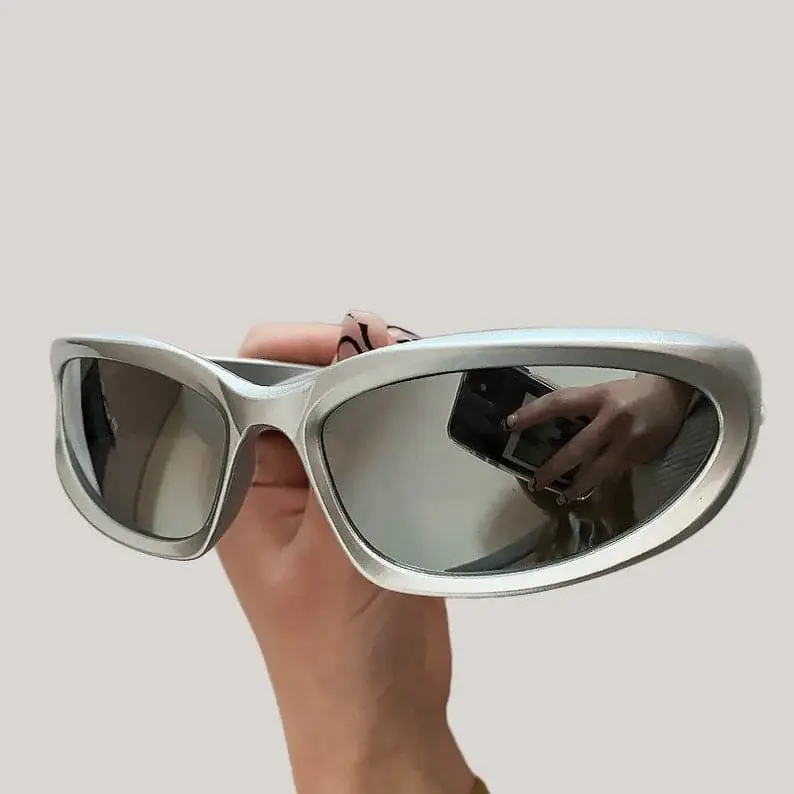 Women's Y2K Futuristic Silver Wrap Sunglasses, Matte Metallic Rectangular Frame, Silver Mirror UV400 Lens, Cyber Trendy Streetwear Shades for Party Festival