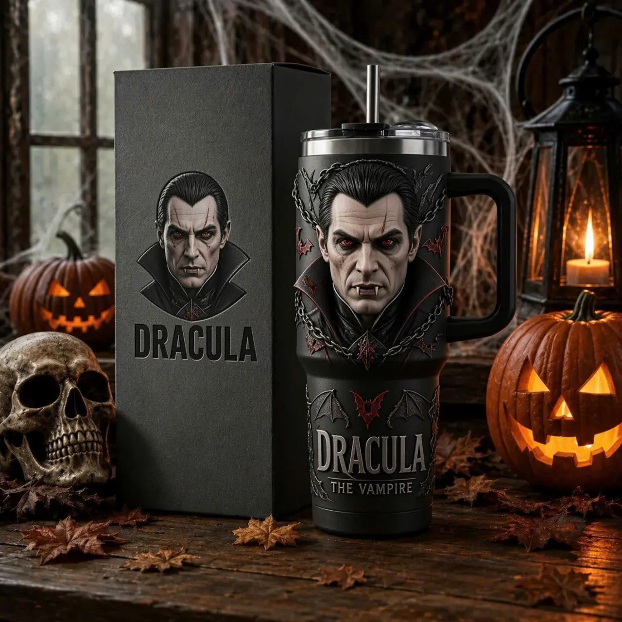 Sipora4U Dracula The Vampire 40oz Stainless Steel Tumbler with Handle & Straw, Double Wall Insulated Gothic Horror Travel Mug, Classic Vampire Halloween Cup, Dracula Fan Gift