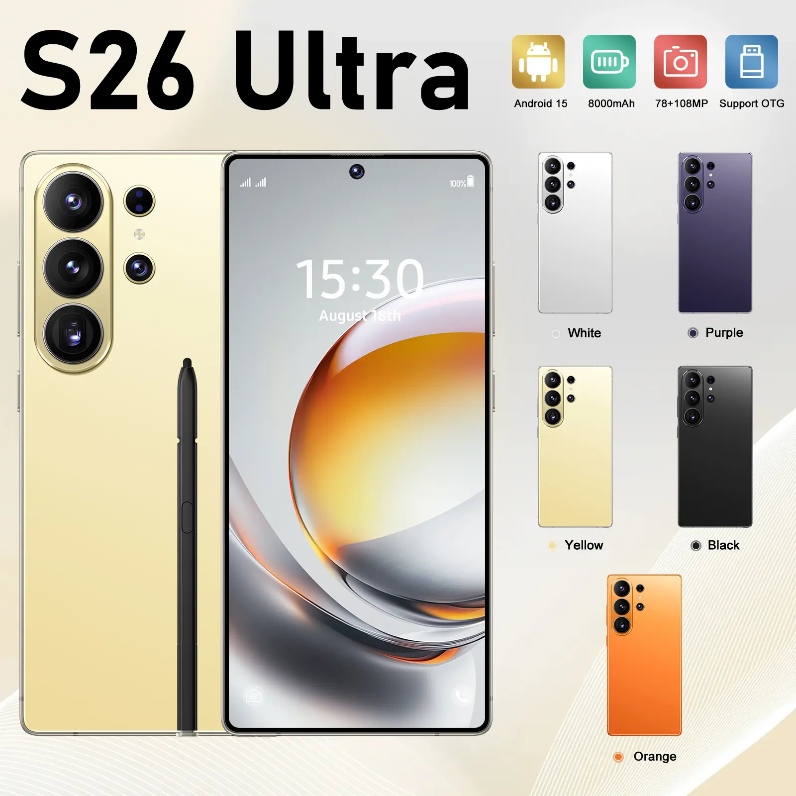 2026 New S26 Ultra 5G Android 15 Phone, 12GB RAM, 512GB Storage, 8000mAh Battery, 78MP+108MP Dual Camera, Face Unlock, Dual SIM, Full Kit