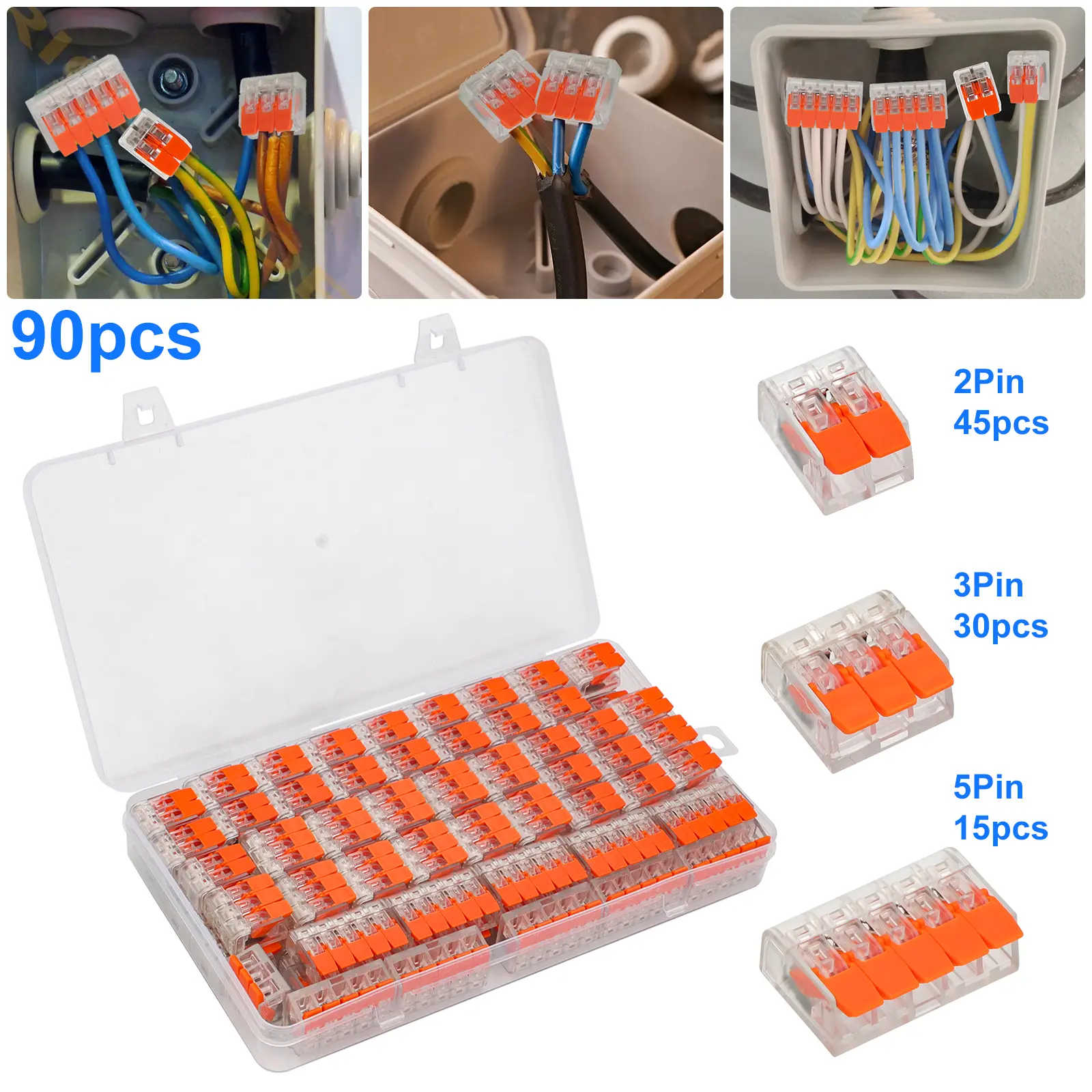 90pcs Electrical Quick Connectors, Lever Wire Combination Kit, DIY Wire Connections (12-26 AWG), 2/3/5 Port Push-in Electrical Connection Terminals, Insert-Type Connections, Mini Quick Wire Connectors, Cable Terminals