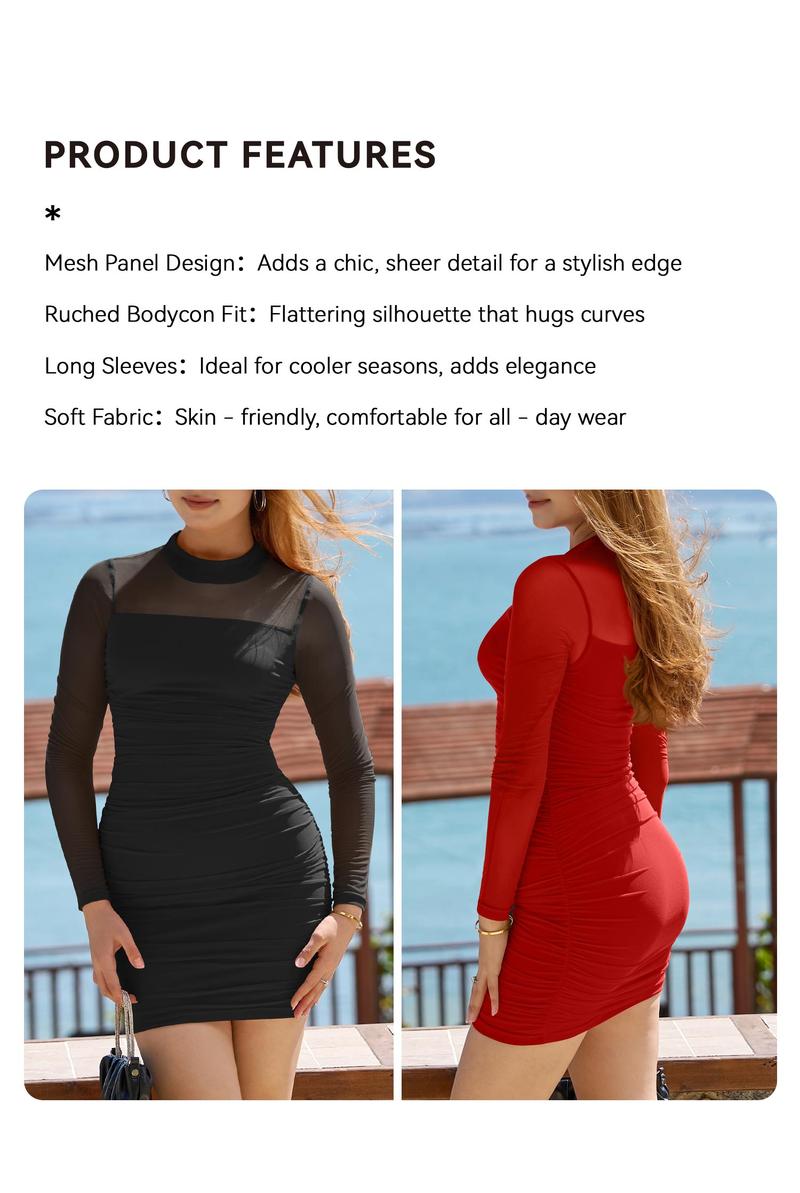 OQQfitness Womenswear Mini Bodycon Mesh Sheer Long Sleeve Dress Short Soft Pleated Party Basic Casual Dress Elegant Minimalist Outfit