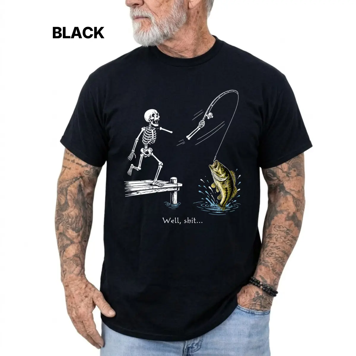 Skeleton Bass Fishing T-shirt, Well Shit Funny Halloween Shirt, Unisex Graphic Tees, Casual Wear, Gift For Angler Lovers