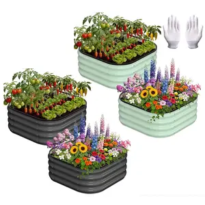 2 PCS Square Round Raised Garden Bed, 2x2x1FT Heavy Duty Galvanized Steel Planter Box with Round Corner, Open Bottom Compost Bed for Flowers Vegetables Fruits Herbs, Tool Free Assembly,Gray / Green