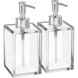 Clear Acrylic Reusable Kitchen & Bathroom Hand Sanitizer Dispenser with Rust Proof Stainless Steel Pump Square Soap Dispenser Set 12 oz