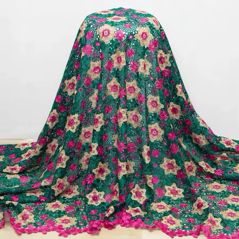 Africa latest cord Guipure Lace Fabric with Vibrant Pink and Green Floral Patterns for Elegant Sewing Projects Quality Lace