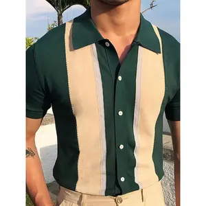 Men's Contrast Color Stripe Pattern Knit Lapel Shirt With Short Sleeve And Button Up Placket, Chic And Trendy Tops For Summer Daily Wear And Vacation Resorts