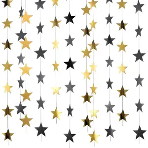 130 Feet Glitter Star Garland Banner 2026 Party Decoration Double Side Star Hanging String Streamer Paper Twinkle for Graduation Wedding Birthday (Gold and Black)