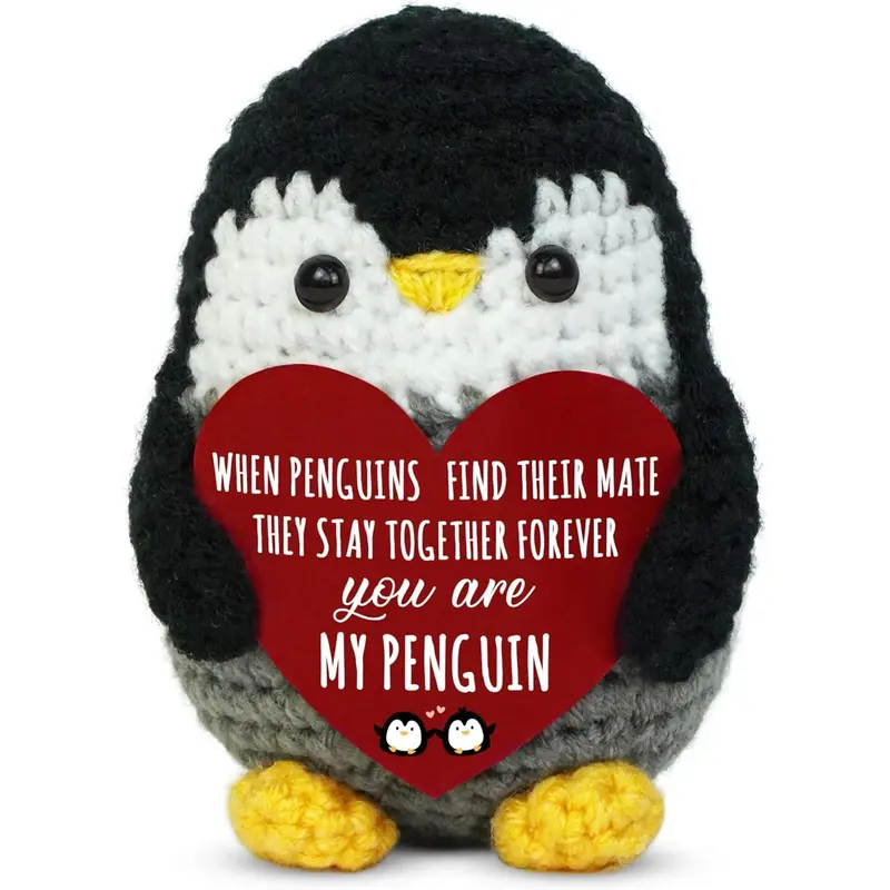 Positive Crochet Penguin Yarn Fabric Figurine - Anniversary Gift for Couples, Romantic Stocking Stuffer for Boyfriend & Girl, Family of 3 Baby Announcement with Card (Toys & Hobbies DIY Specialty Supply)