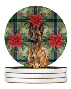 Carolines Treasures WDK8509RCS4 4 x 4 in. Mahogany Belgian Malinois Christmas Poinsettias Large Sandstone Coasters, Pack of 4