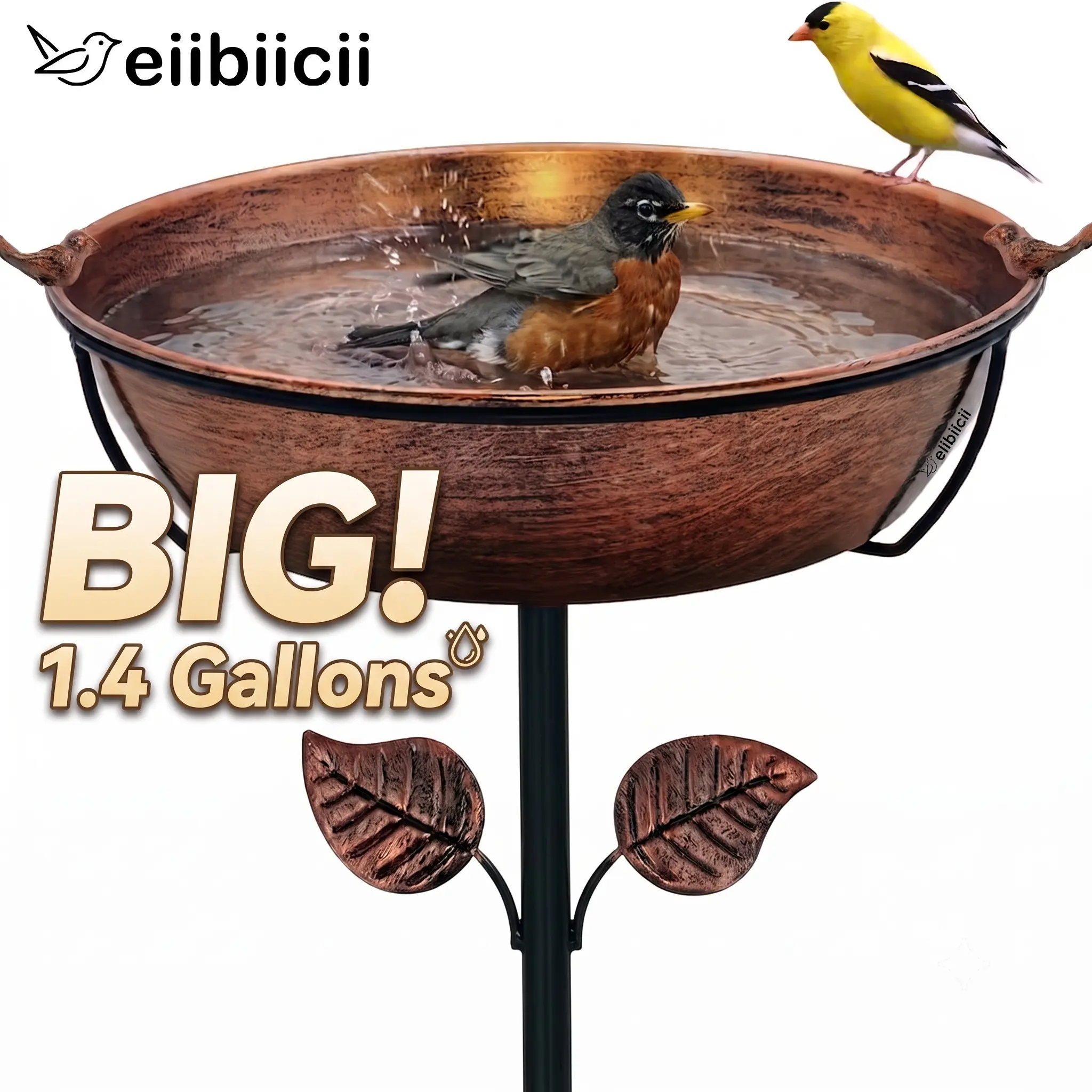Extra-Large 1.4-Gallon Outdoor Bird Bath Basin——13.6 Inch Removable Cast Iron Basin with 41.6-inch Overal Height, Rust-Proof & Super Easy to Clean, Includes 2 Decorative Ornaments