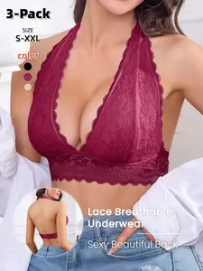 Women's Sexy Elegant Halter Bra, Lace Wave Edge Design, Deep V Lace Pattern, No Steel Cup, Soft Comfortable, Suitable for All Seasons, 2 Pack/3 Pack.